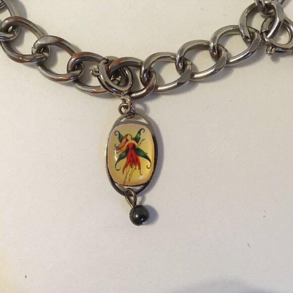 6 Charms Bracelet Silvertone Metal Link Chain Spoiled Bear Cat Moon I Luv U Bead - Picture 3 of 8